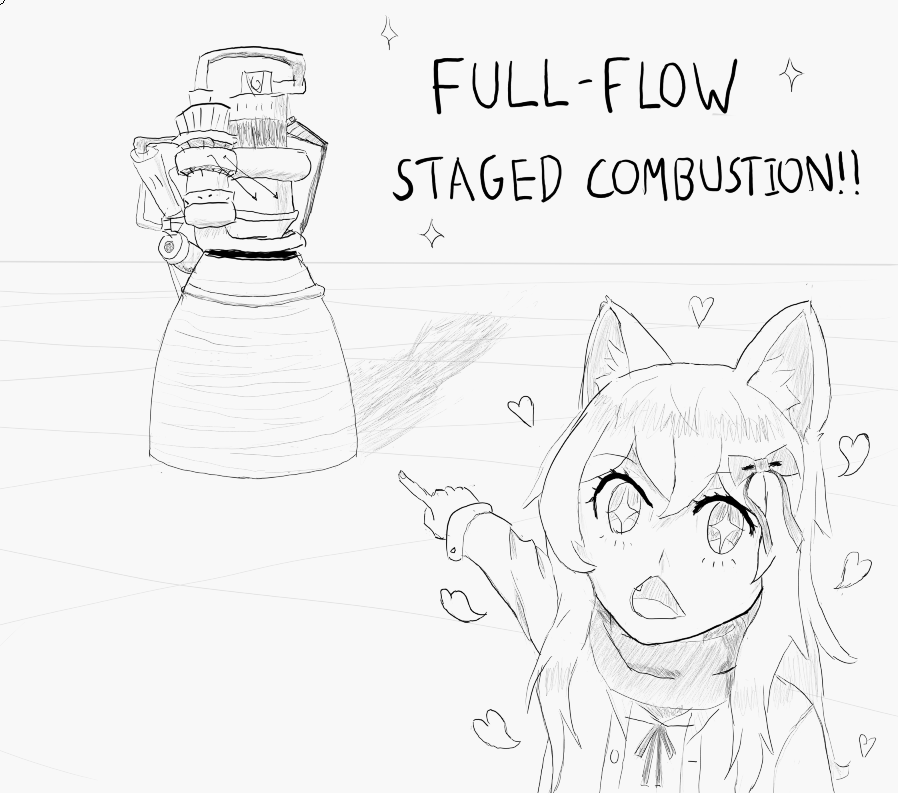 a catgirl excitedly pointing at a spacex Raptor 3 rocket engine proclaiming full flow staged combustion!