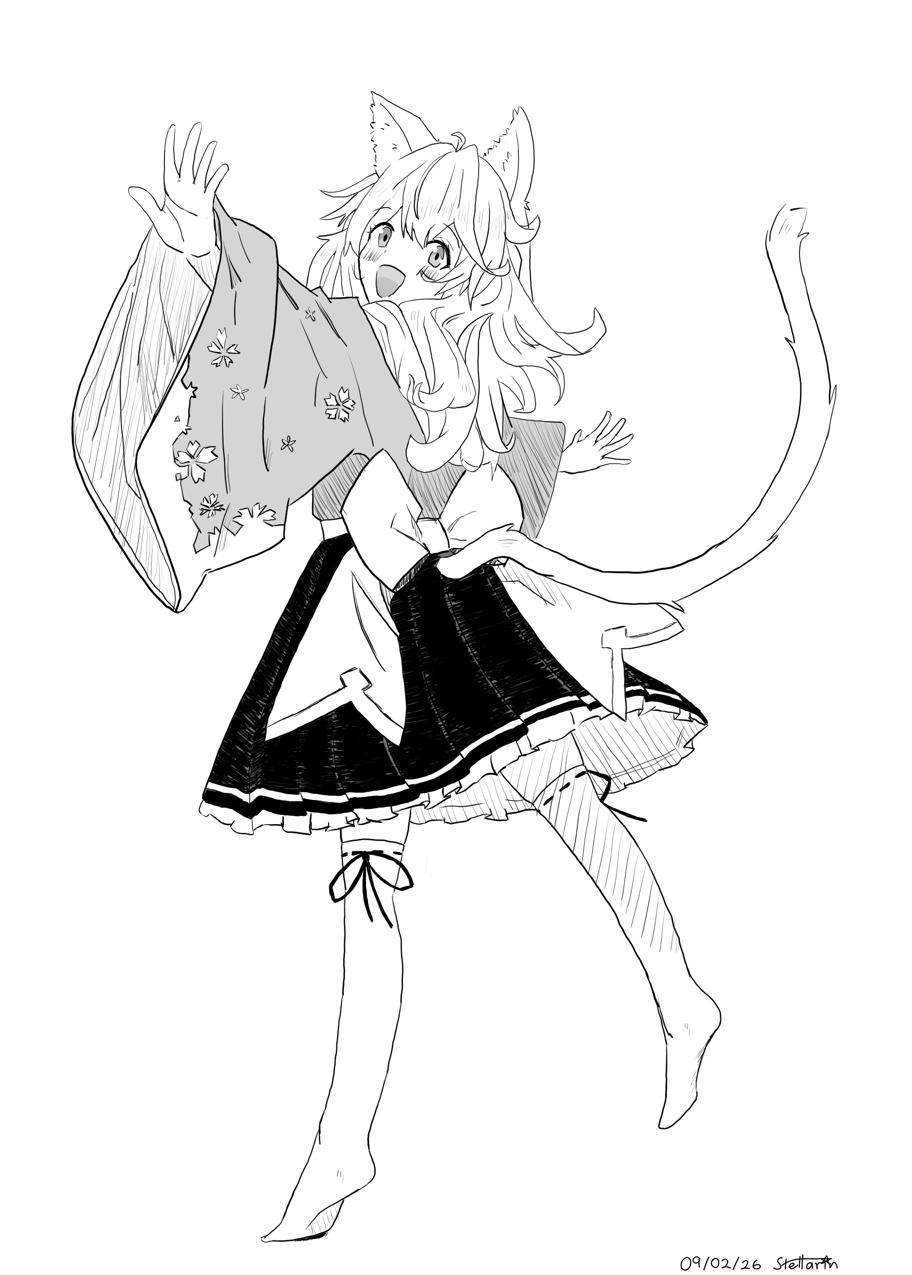 A catgirl in an exaggerated star-shaped pose from a back-left perspectice. She's showing off her yukata with long sleeves and sakura patterning, her pleated knee-length skirt, and giant bow around her waist.