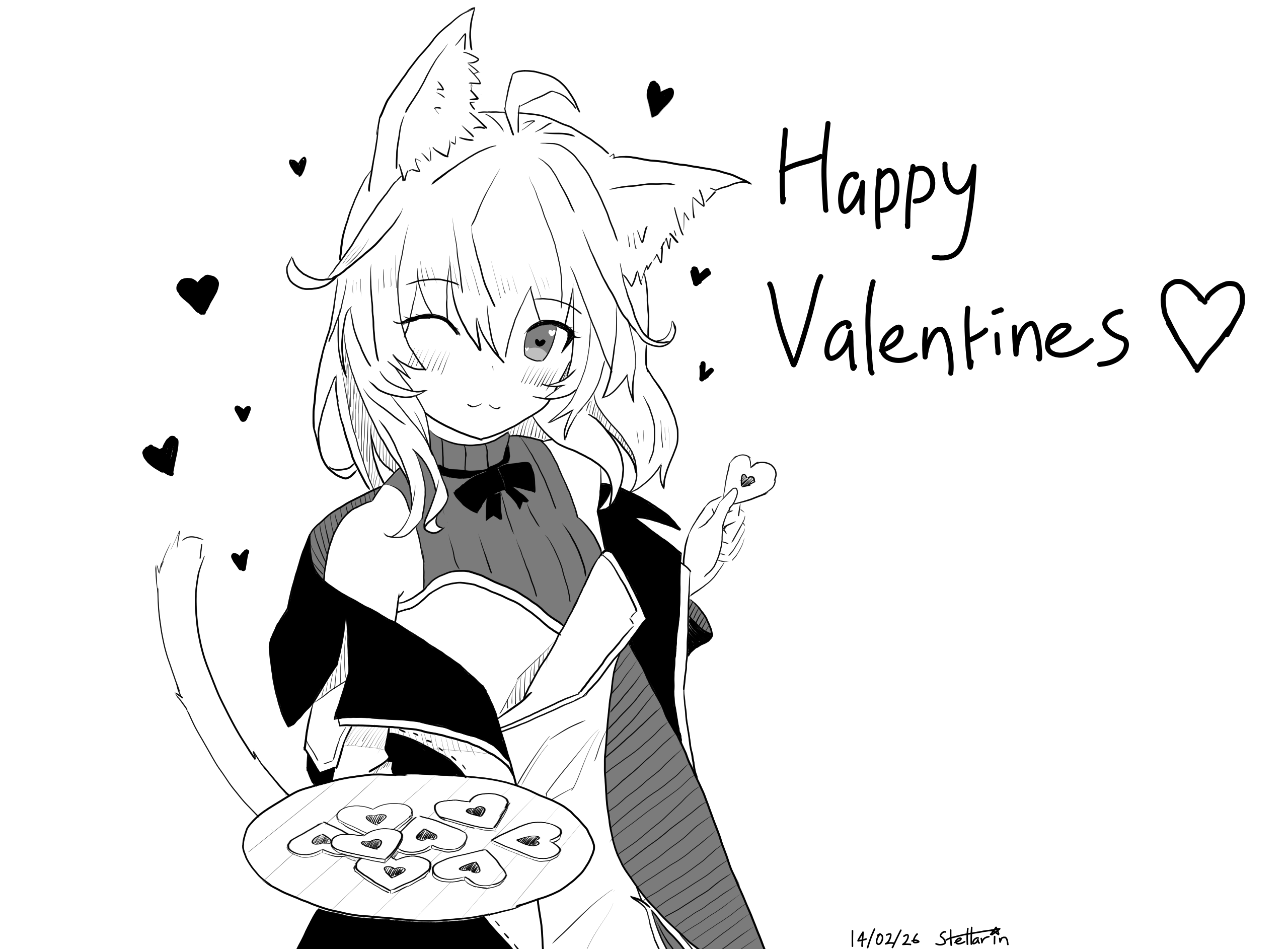 catgirl holding a tray of heart-shaped cookies wishing a happy valentines